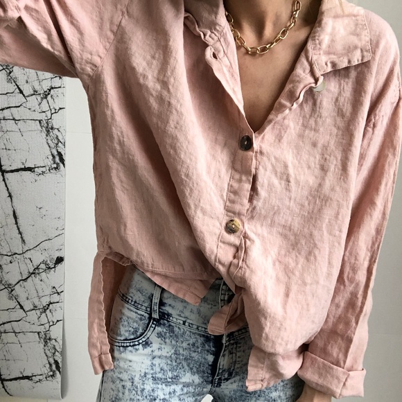Vintage Tops - Vintage Blush Linen Button Up